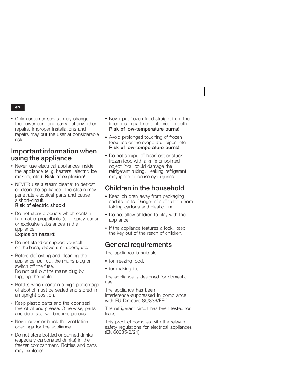 Important information when using the appliance, Children in the household, General requirements | Siemens GU 15 DA 55 User Manual | Page 16 / 65