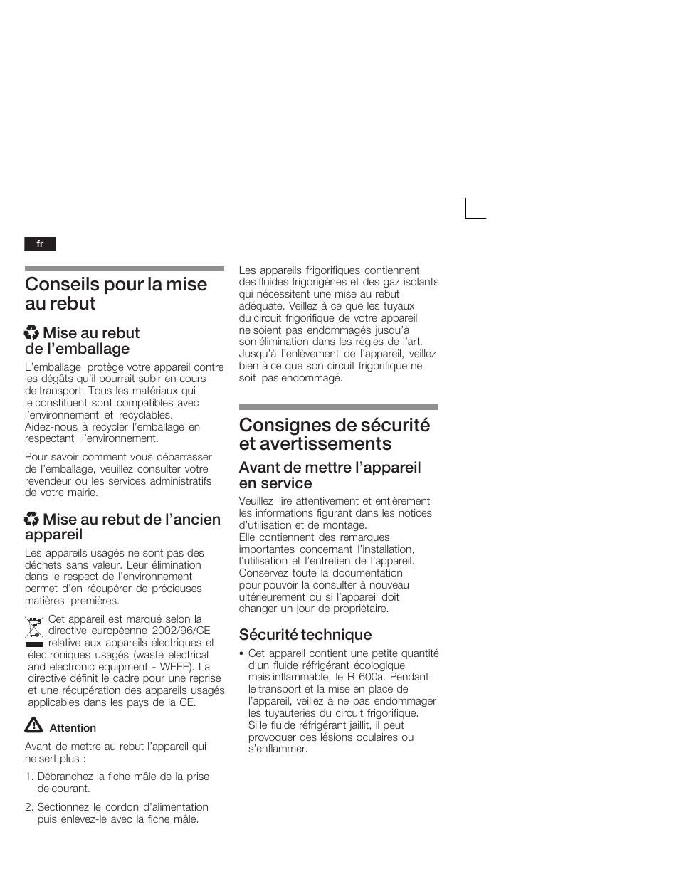 Conseils pour la mise au rebut, Consignes de sécurité et avertissements, X mise au rebut de l'emballage | X mise au rebut de l'ancien appareil, Avant de mettre l'appareil en service, Sécurité technique | Siemens GU 15 DA 55 User Manual | Page 26 / 65