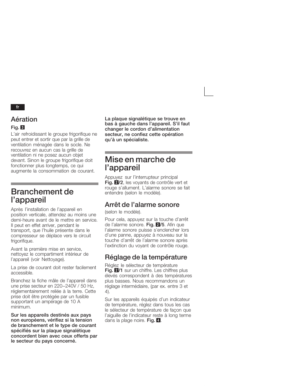 Branchement de l'appareil, Mise en marche de l'appareil, Aération | Arrêt de l'alarme sonore, Réglage de la température | Siemens GU 15 DA 55 User Manual | Page 30 / 65