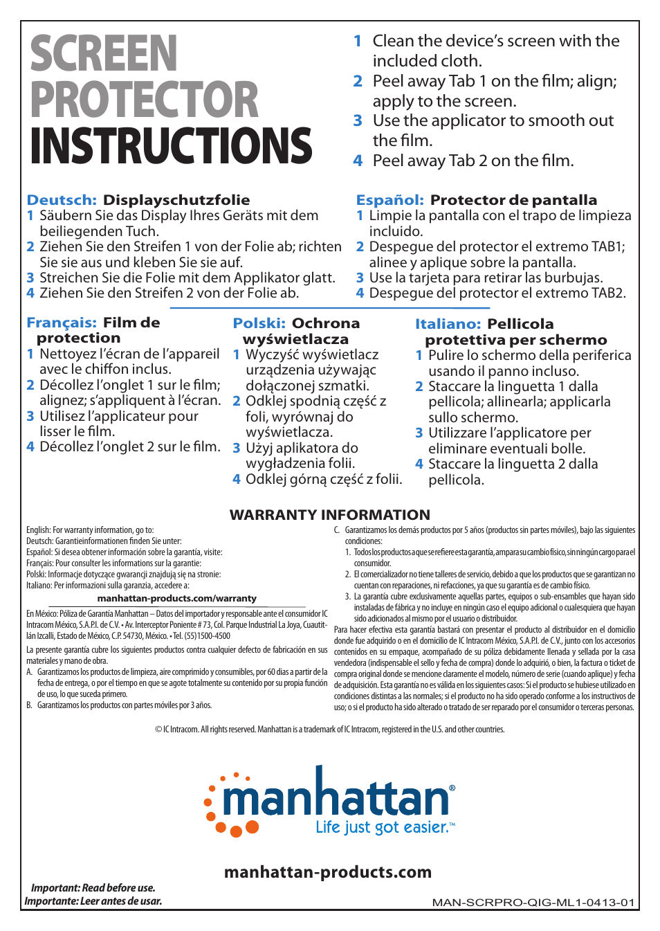 Manhattan 404853 CrystalFilm SR - Quick Install (Multi) User Manual | 1 page