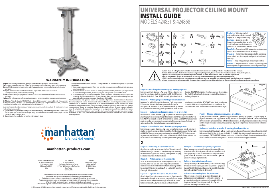 Manhattan 424868 Universal Projector Ceiling Mount - Quick Install (Multi) User Manual | 2 pages