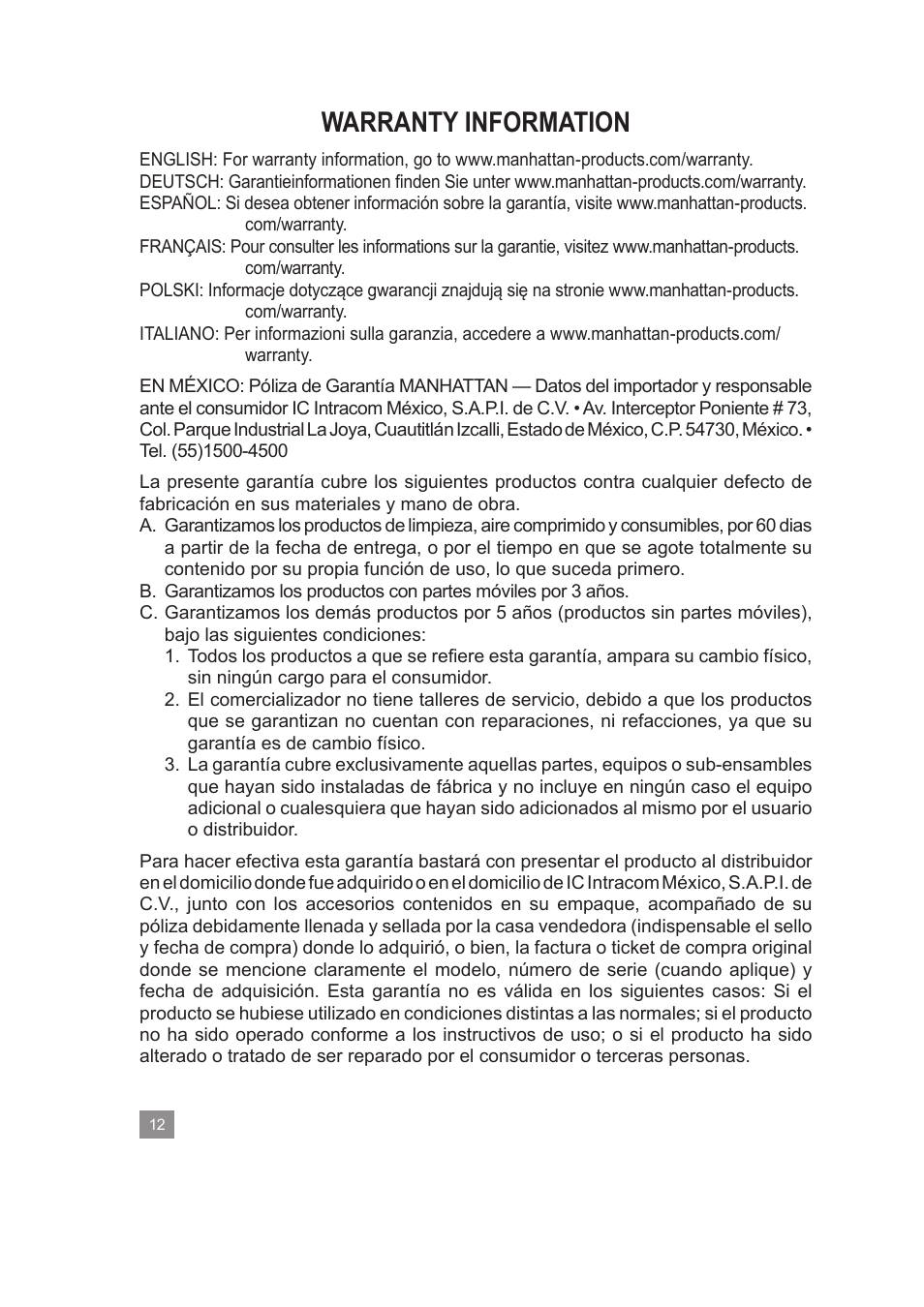 Warranty information | Manhattan 172844 Smart Card Reader - Manual User Manual | Page 12 / 14
