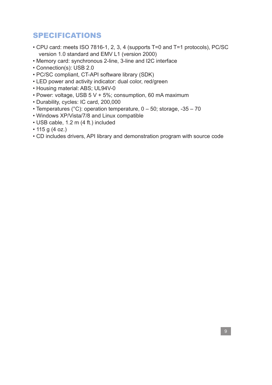 Specifications | Manhattan 172844 Smart Card Reader - Manual User Manual | Page 9 / 14