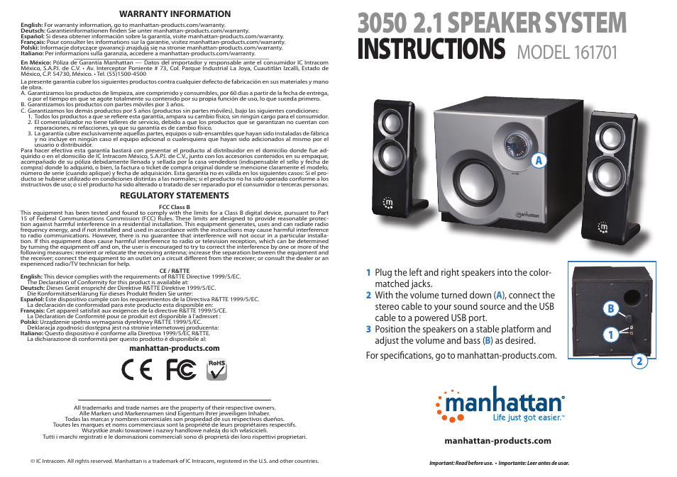 Manhattan 161701 3050 2.1 Speaker System - Quick Install (Multi) User Manual | 2 pages