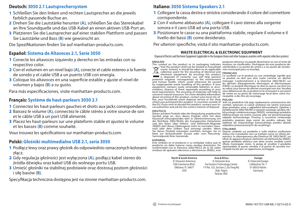 Manhattan 161701 3050 2.1 Speaker System - Quick Install (Multi) User Manual | Page 2 / 2