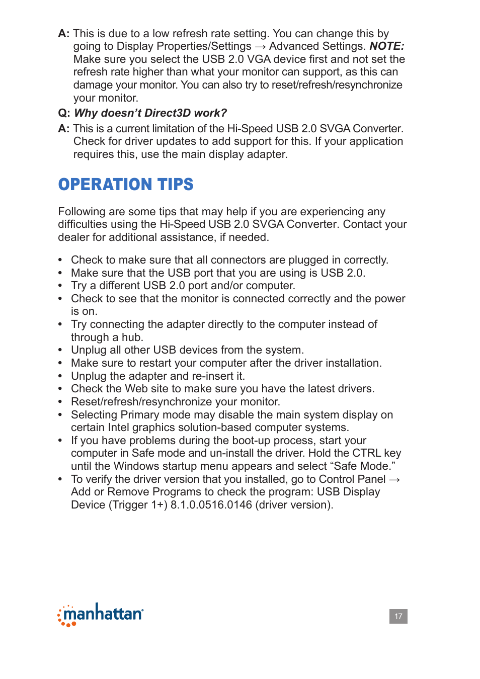 Operation tips | Manhattan 179225 Hi-Speed USB 2.0 SVGA Converter - Manual User Manual | Page 17 / 20