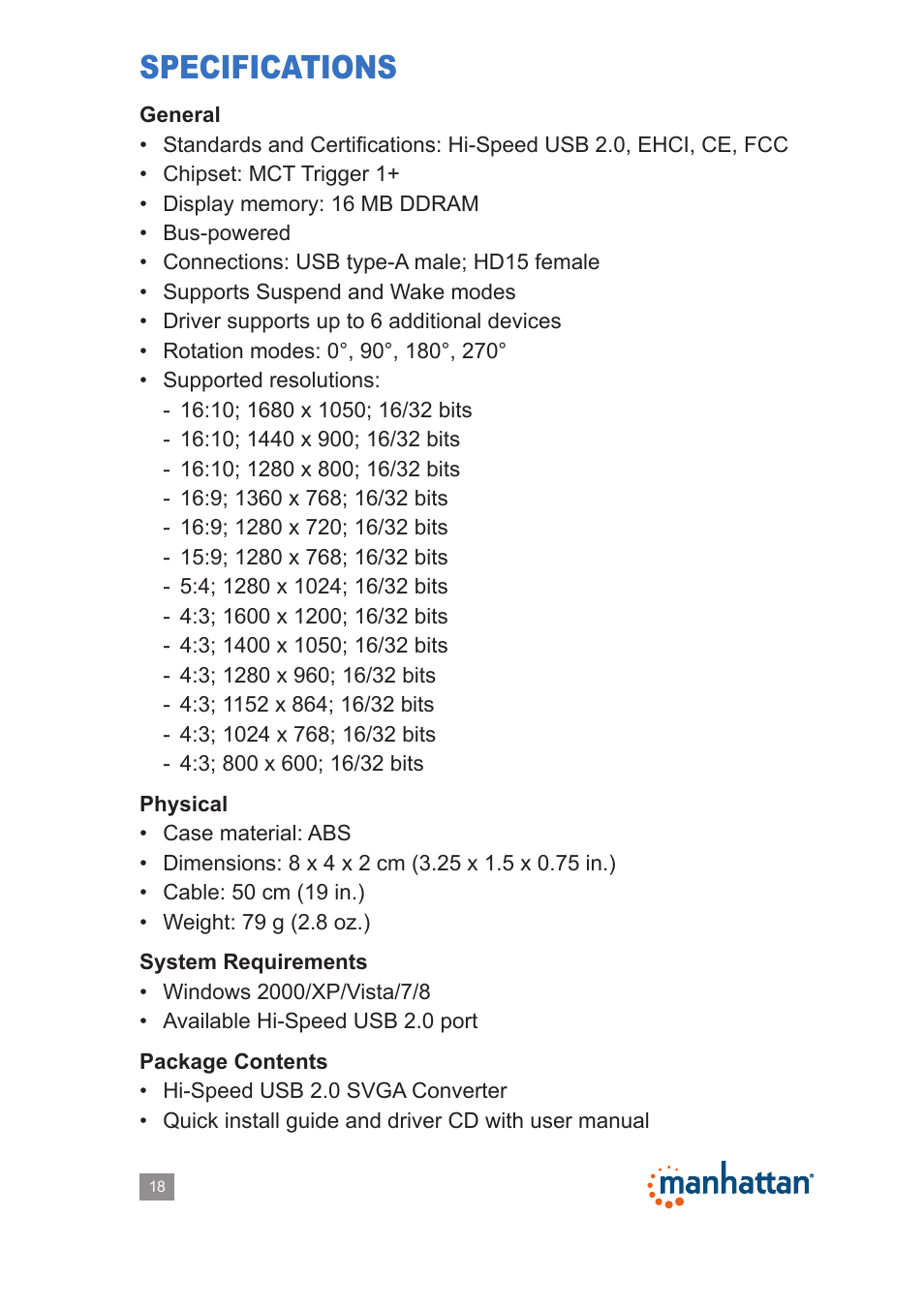 Specifications | Manhattan 179225 Hi-Speed USB 2.0 SVGA Converter - Manual User Manual | Page 18 / 20