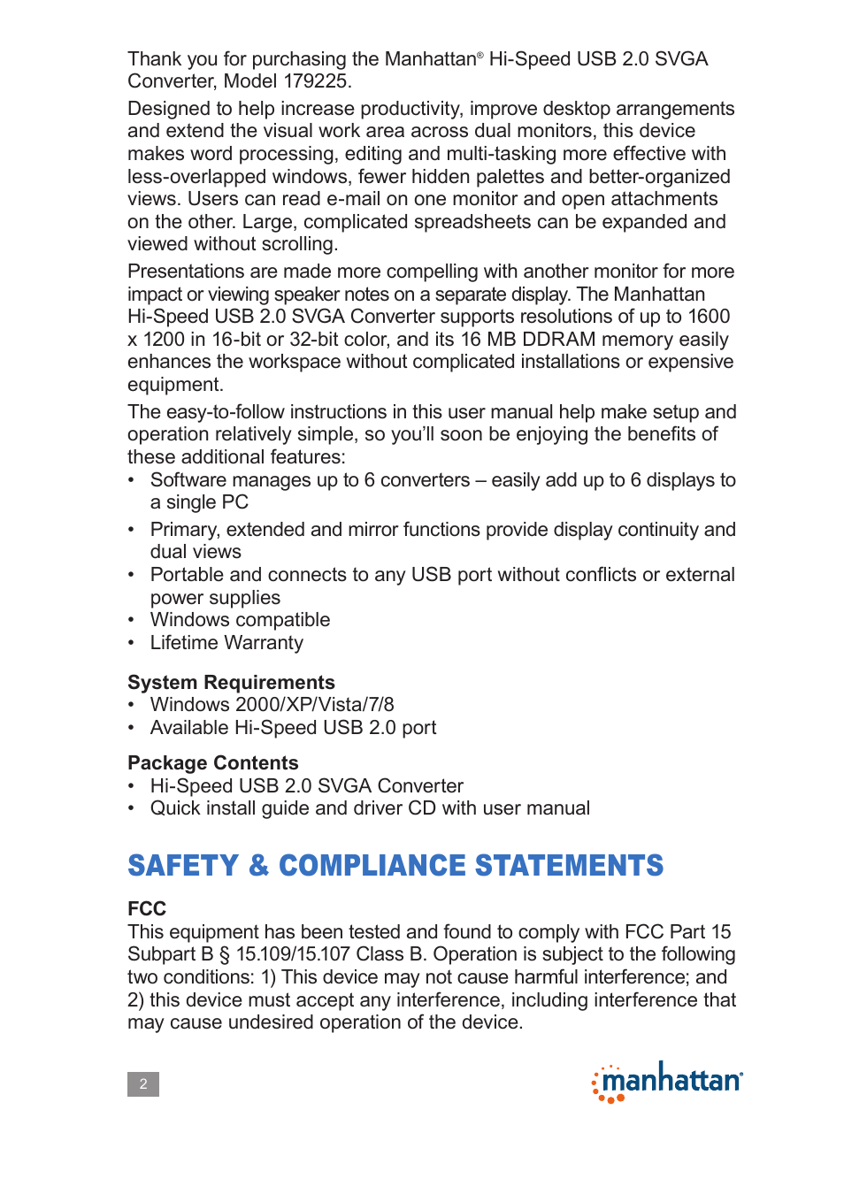 Safety & compliance statements | Manhattan 179225 Hi-Speed USB 2.0 SVGA Converter - Manual User Manual | Page 2 / 20