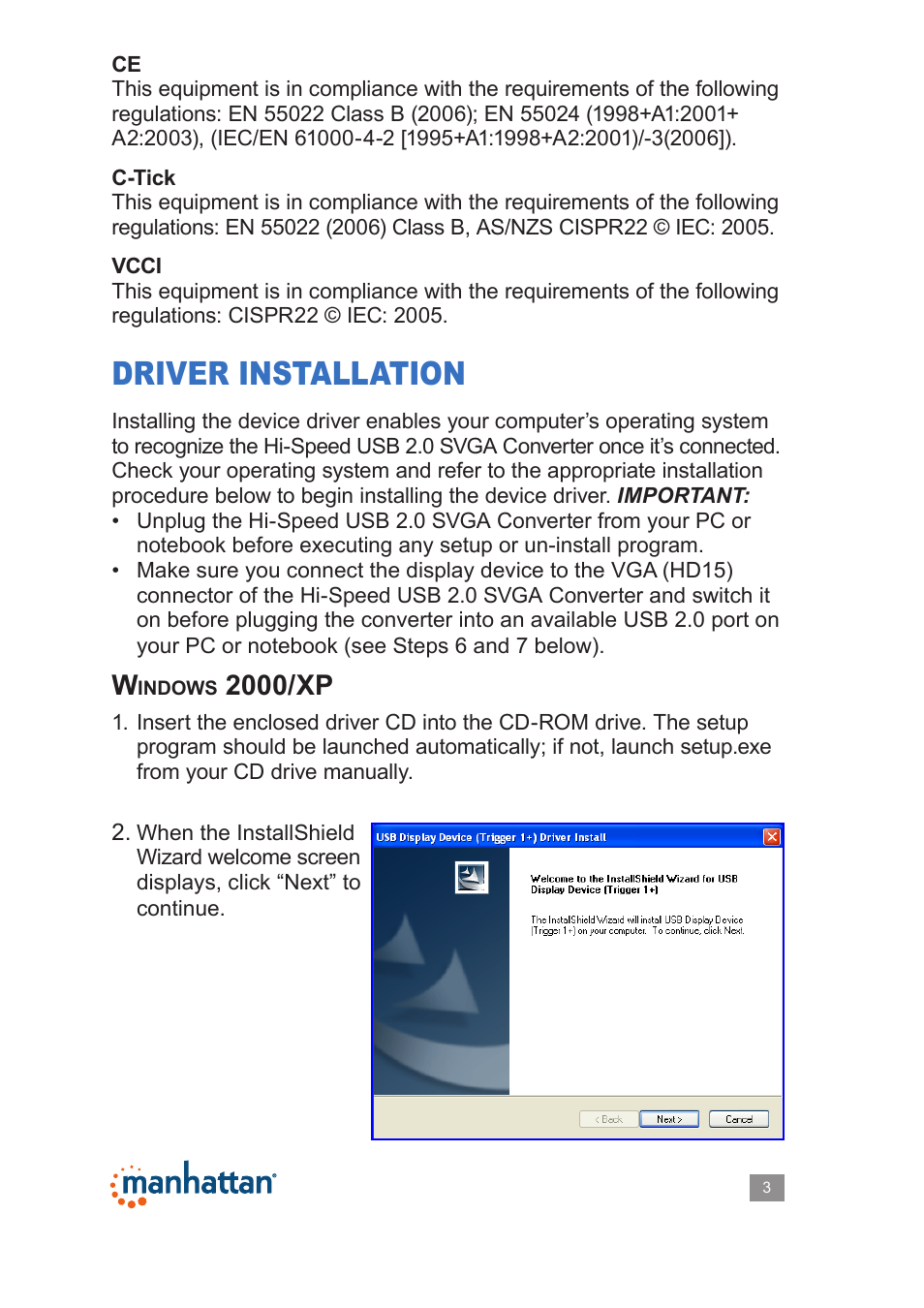 Driver installation, 2000/xp | Manhattan 179225 Hi-Speed USB 2.0 SVGA Converter - Manual User Manual | Page 3 / 20
