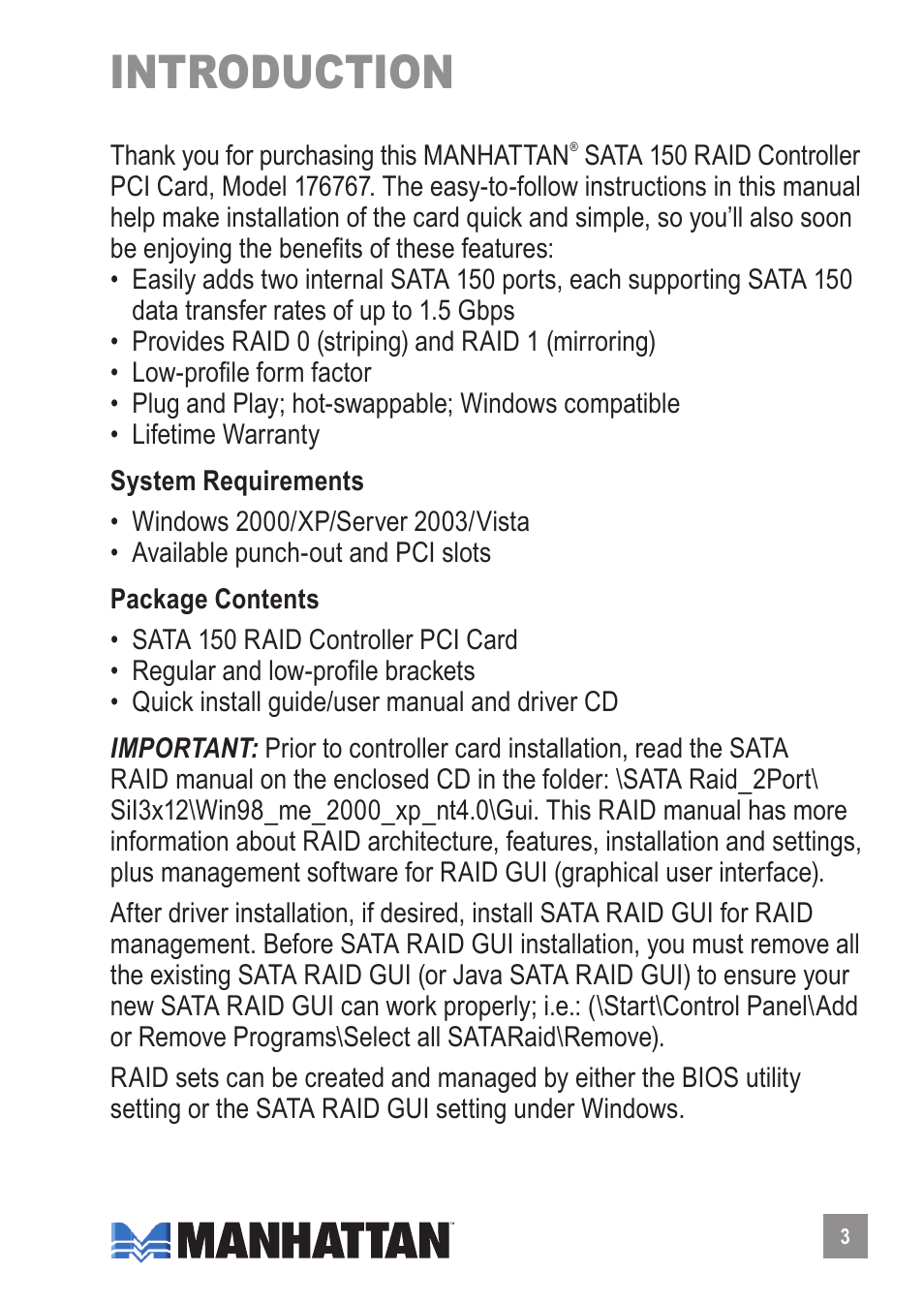 Introduction | Manhattan 176767 SATA 1.5 Gb_s RAID Controller PCI Card - Manual User Manual | Page 3 / 12