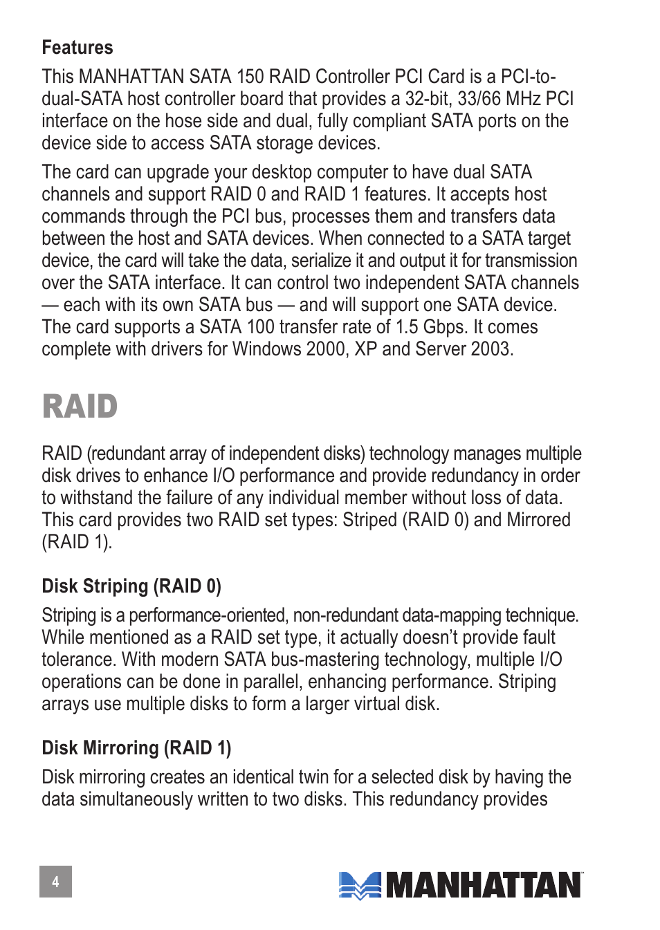 Raid | Manhattan 176767 SATA 1.5 Gb_s RAID Controller PCI Card - Manual User Manual | Page 4 / 12