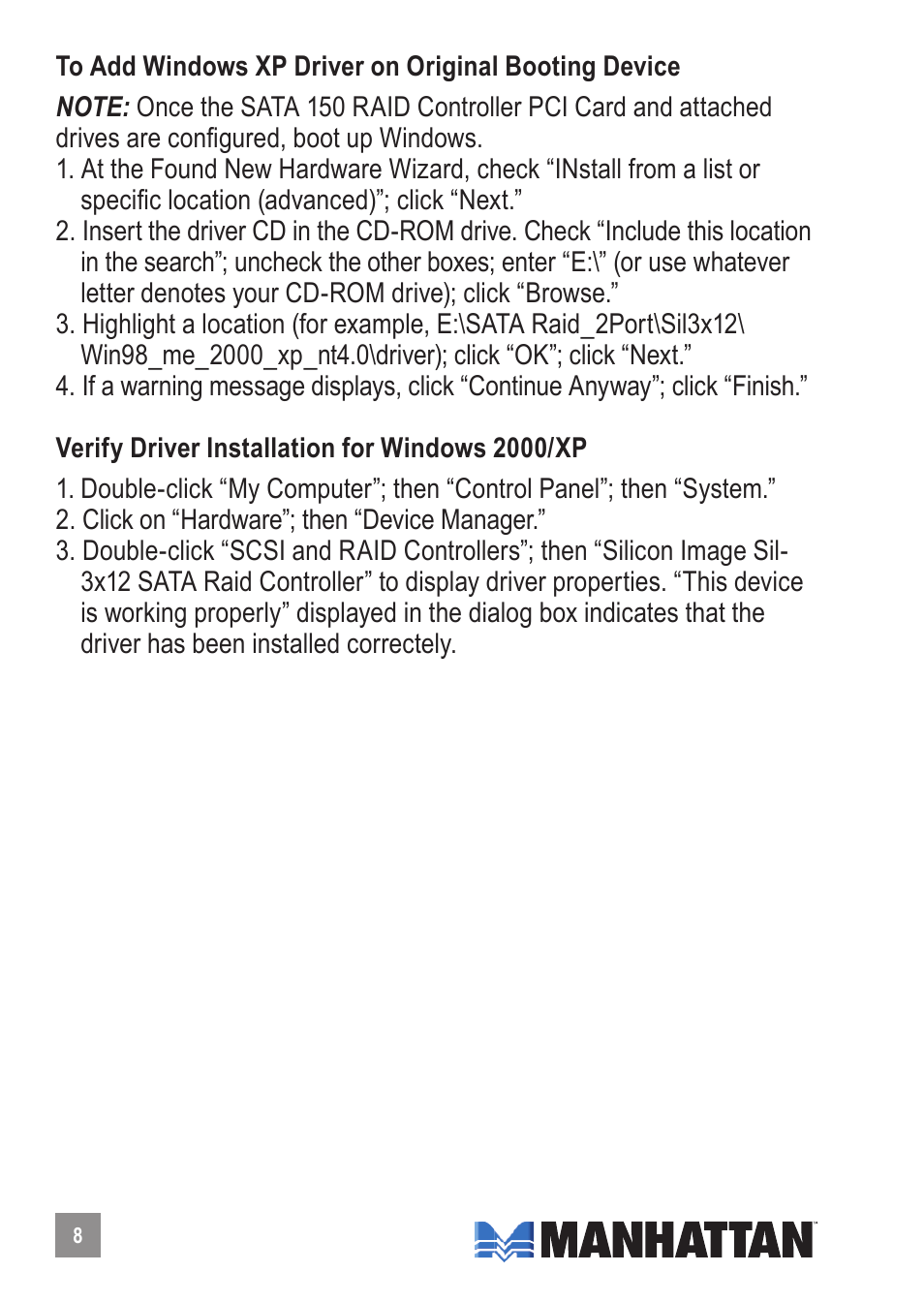 Manhattan 176767 SATA 1.5 Gb_s RAID Controller PCI Card - Manual User Manual | Page 8 / 12