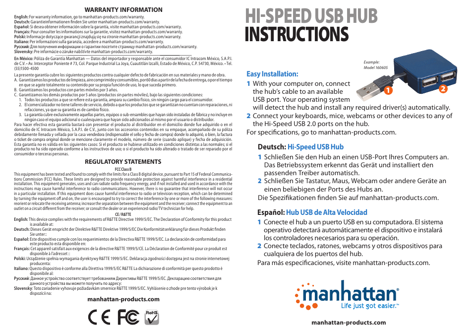Manhattan 160599 Hi-Speed USB Pocket Hub - Quick Install (Multi) User Manual | 2 pages