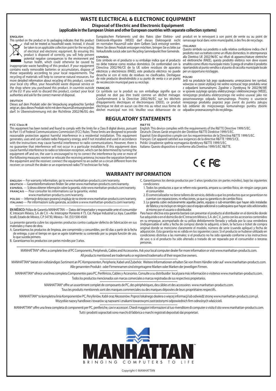 Waste electrical & electronic equipment, Warranty information, Regulatory statements | Manhattan 177757 Eclipse Mouse - Manual (Multi) User Manual | Page 2 / 2