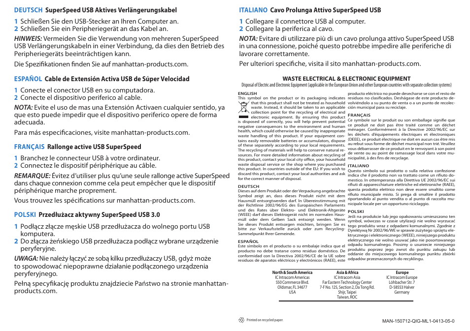 Manhattan 150712 SuperSpeed USB Active Extension Cable - Quick Install (Multi) User Manual | Page 2 / 2