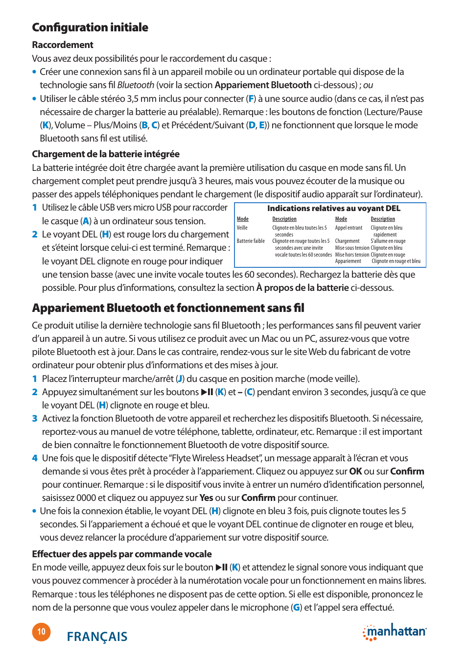 Français, Configuration initiale, Appariement bluetooth et fonctionnement sans fil | Manhattan 178136 Flyte Wireless Headset - Quick Install (Multi) User Manual | Page 10 / 16