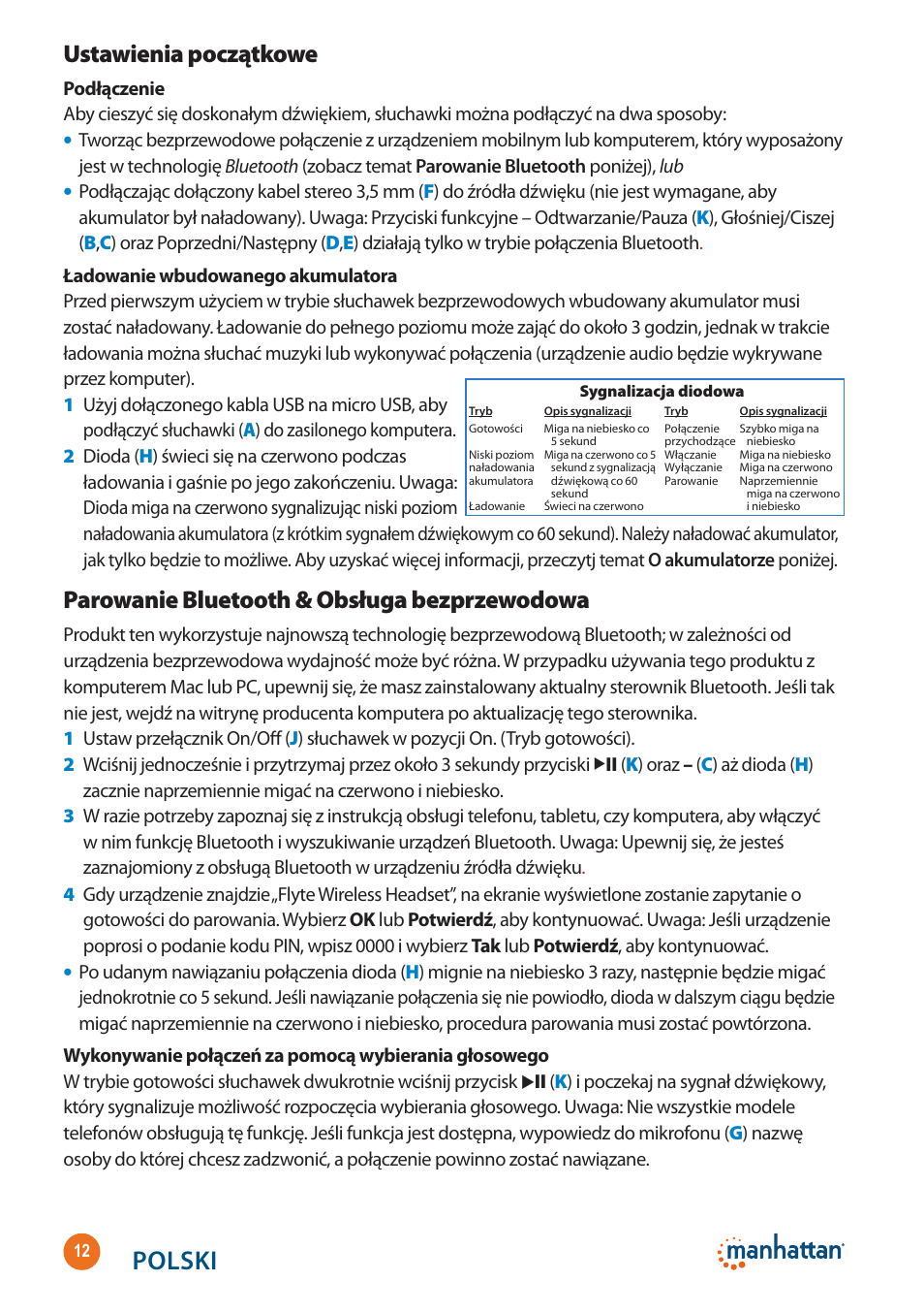 Polski, Ustawienia początkowe, Parowanie bluetooth & obsługa bezprzewodowa | Manhattan 178136 Flyte Wireless Headset - Quick Install (Multi) User Manual | Page 12 / 16