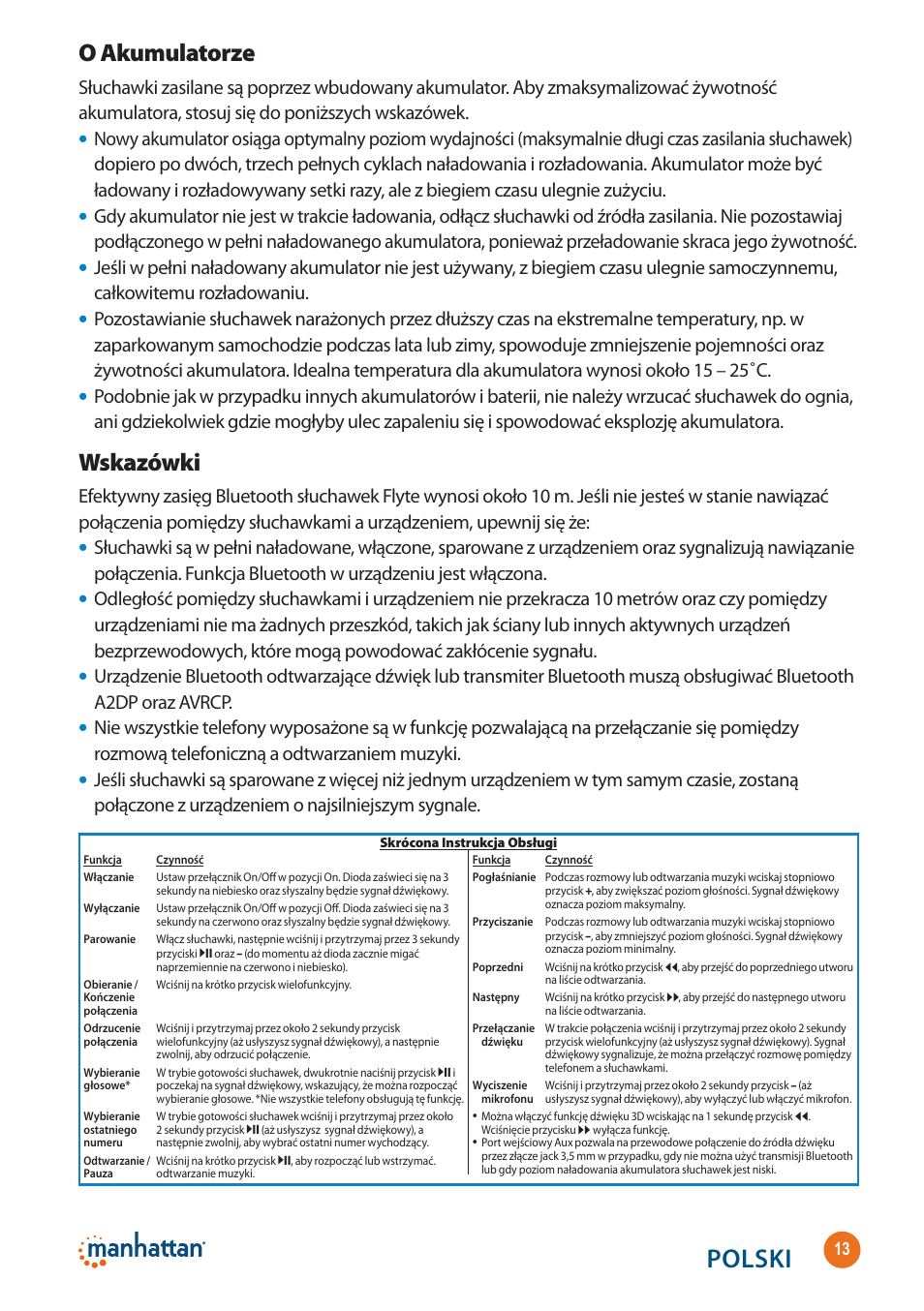 Polski, O akumulatorze, Wskazówki | Manhattan 178136 Flyte Wireless Headset - Quick Install (Multi) User Manual | Page 13 / 16