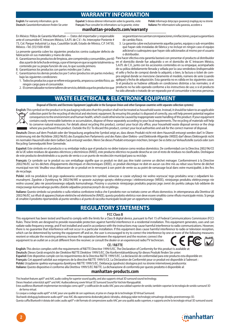 Waste electrical & electronic equipment, Warranty information, Regulatory statements | Manhattan 178136 Flyte Wireless Headset - Quick Install (Multi) User Manual | Page 2 / 16