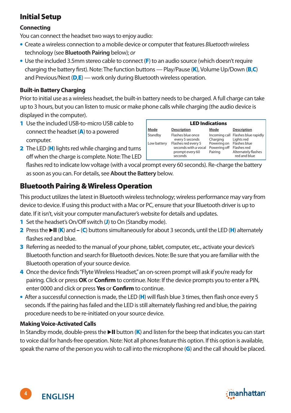 English, Initial setup, Bluetooth pairing & wireless operation | Manhattan 178136 Flyte Wireless Headset - Quick Install (Multi) User Manual | Page 4 / 16