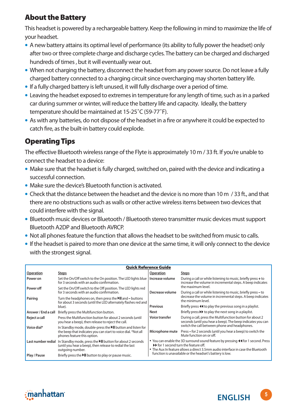 English, About the battery, Operating tips | Manhattan 178136 Flyte Wireless Headset - Quick Install (Multi) User Manual | Page 5 / 16