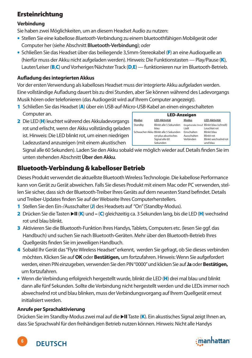 Deutsch, Ersteinrichtung, Bluetooth-verbindung & kabelloser betrieb | Manhattan 178136 Flyte Wireless Headset - Quick Install (Multi) User Manual | Page 6 / 16