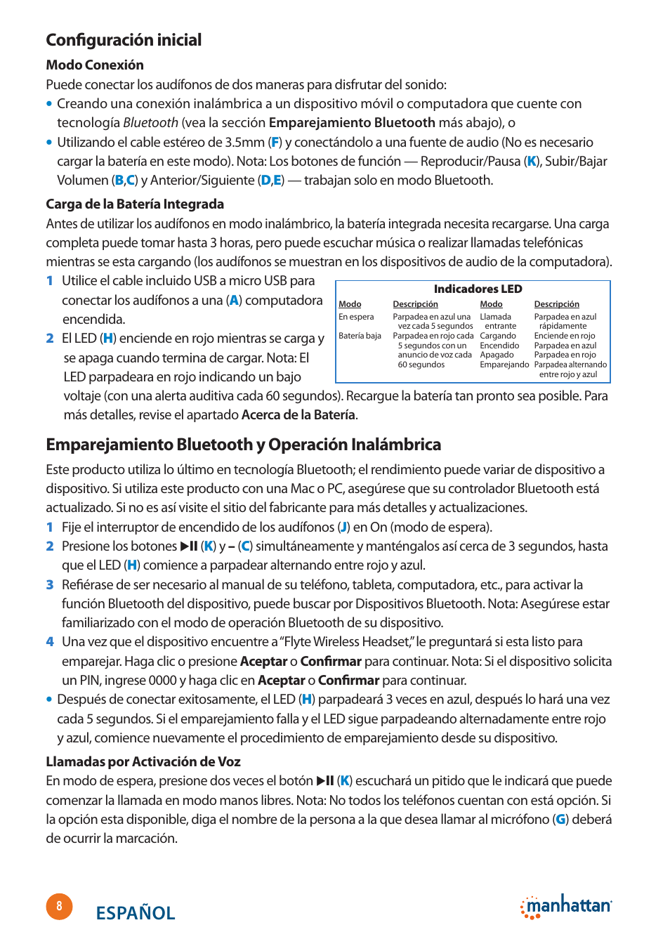 Español, Configuración inicial, Emparejamiento bluetooth y operación inalámbrica | Manhattan 178136 Flyte Wireless Headset - Quick Install (Multi) User Manual | Page 8 / 16