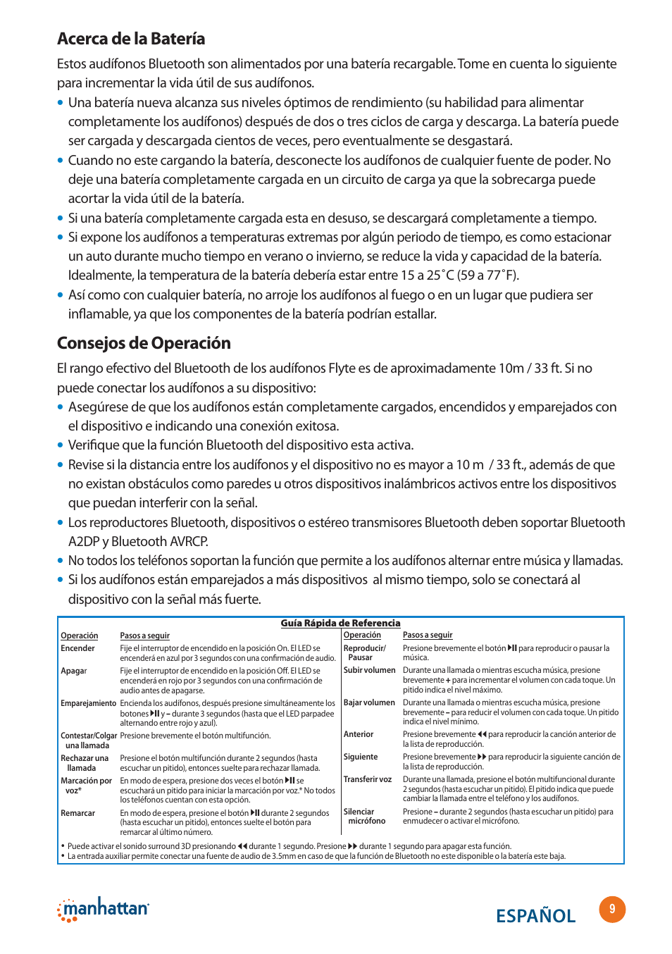 Español, Acerca de la batería, Consejos de operación | Manhattan 178136 Flyte Wireless Headset - Quick Install (Multi) User Manual | Page 9 / 16