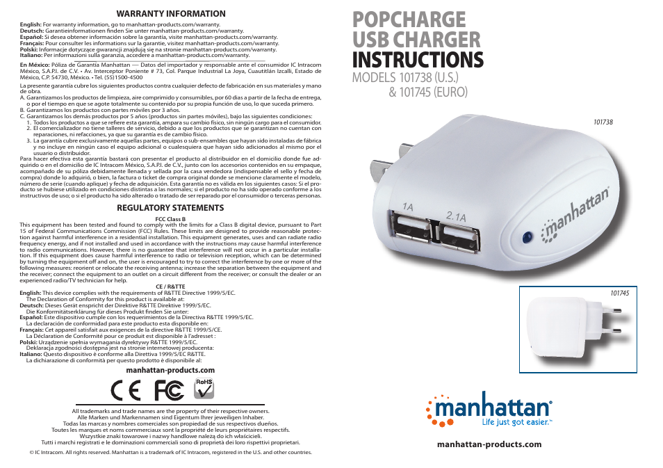 Manhattan 101738 PopCharge Home Euro - Quick Install (Multi) User Manual | 2 pages