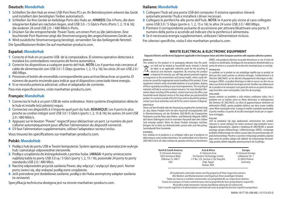 Polski: mondohub, Español: mondohub, Français: mondohub | Deutsch: mondohub, Italiano: mondohub | Manhattan 161718 MondoHub - Quick Install (Multi) User Manual | Page 2 / 2