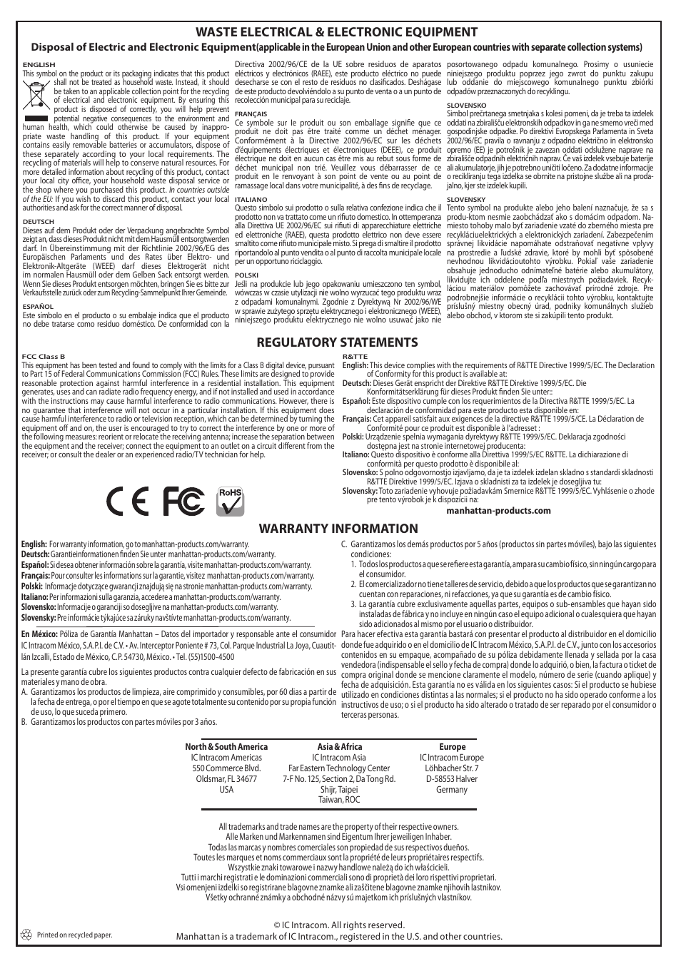 Waste electrical & electronic equipment, Regulatory statements, Warranty information | Manhattan 700429 Notebook Computer Cooling Pad - Quick Install (Multi) User Manual | Page 2 / 2