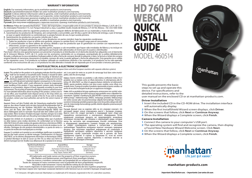 Manhattan 460514 HD 760 Pro Webcam - Quick Install (Multi) User Manual | 2 pages