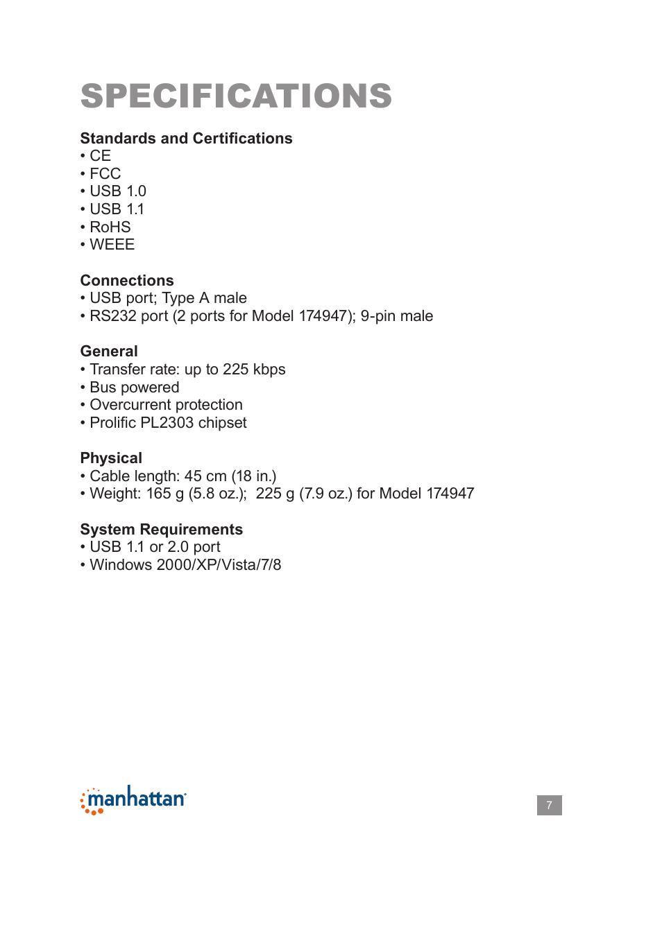 Specifications | Manhattan 205146 USB to Serial Converter - Manual User Manual | Page 7 / 8