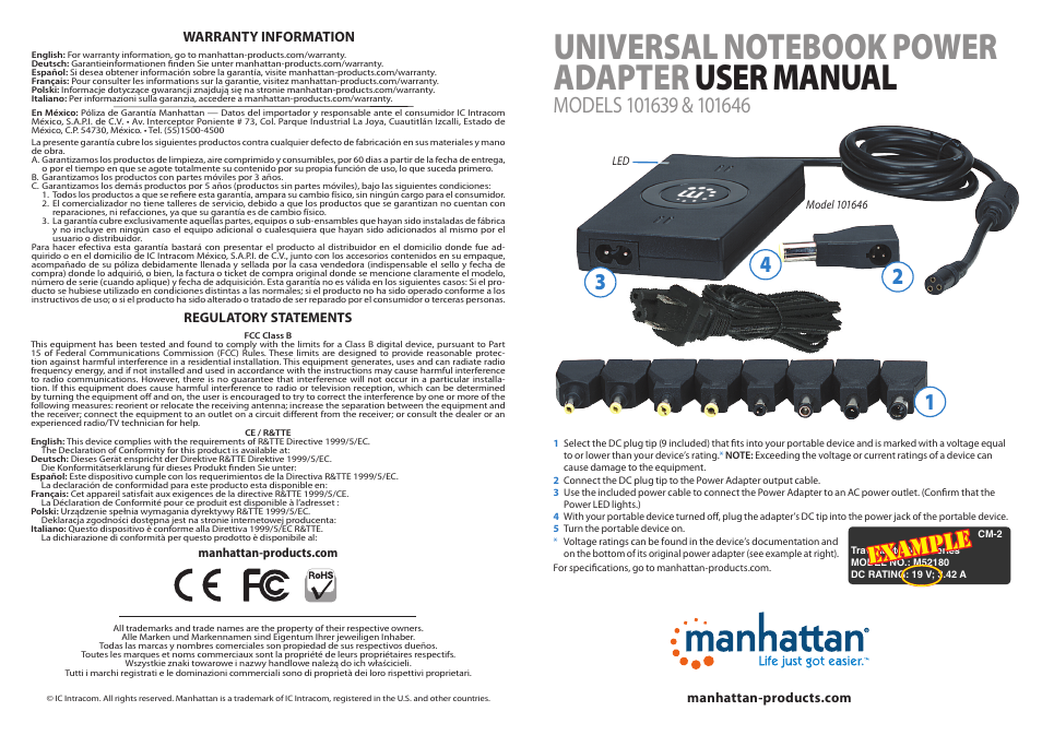 Manhattan 101639 Universal Notebook Power Adapter - Quick Install (Multi) User Manual | 2 pages