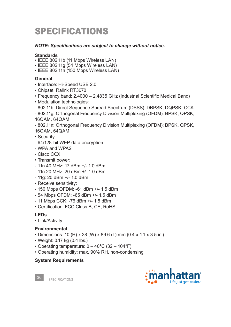 Specifications | Manhattan 525510 Range+ 150N Wireless Adapter - Manual User Manual | Page 36 / 40