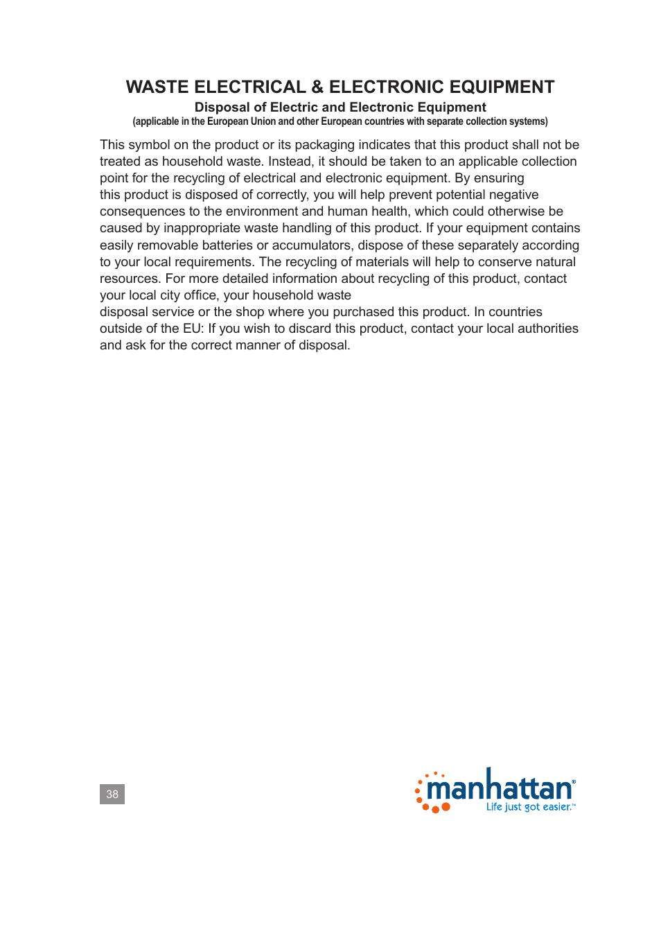 Waste electrical & electronic equipment | Manhattan 525510 Range+ 150N Wireless Adapter - Manual User Manual | Page 38 / 40