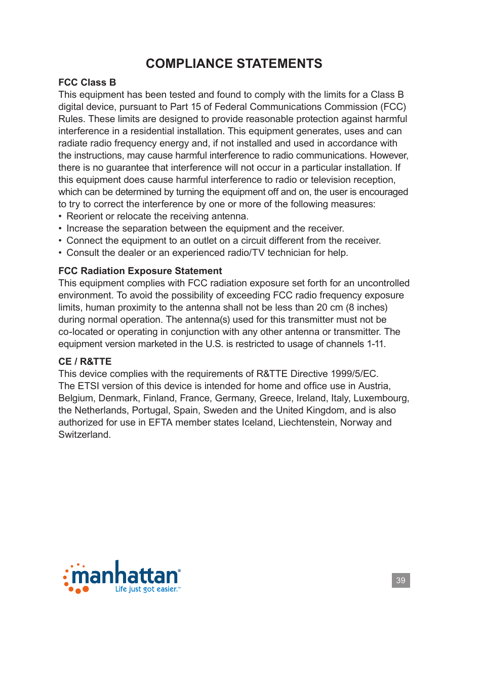 Compliance statements | Manhattan 525510 Range+ 150N Wireless Adapter - Manual User Manual | Page 39 / 40