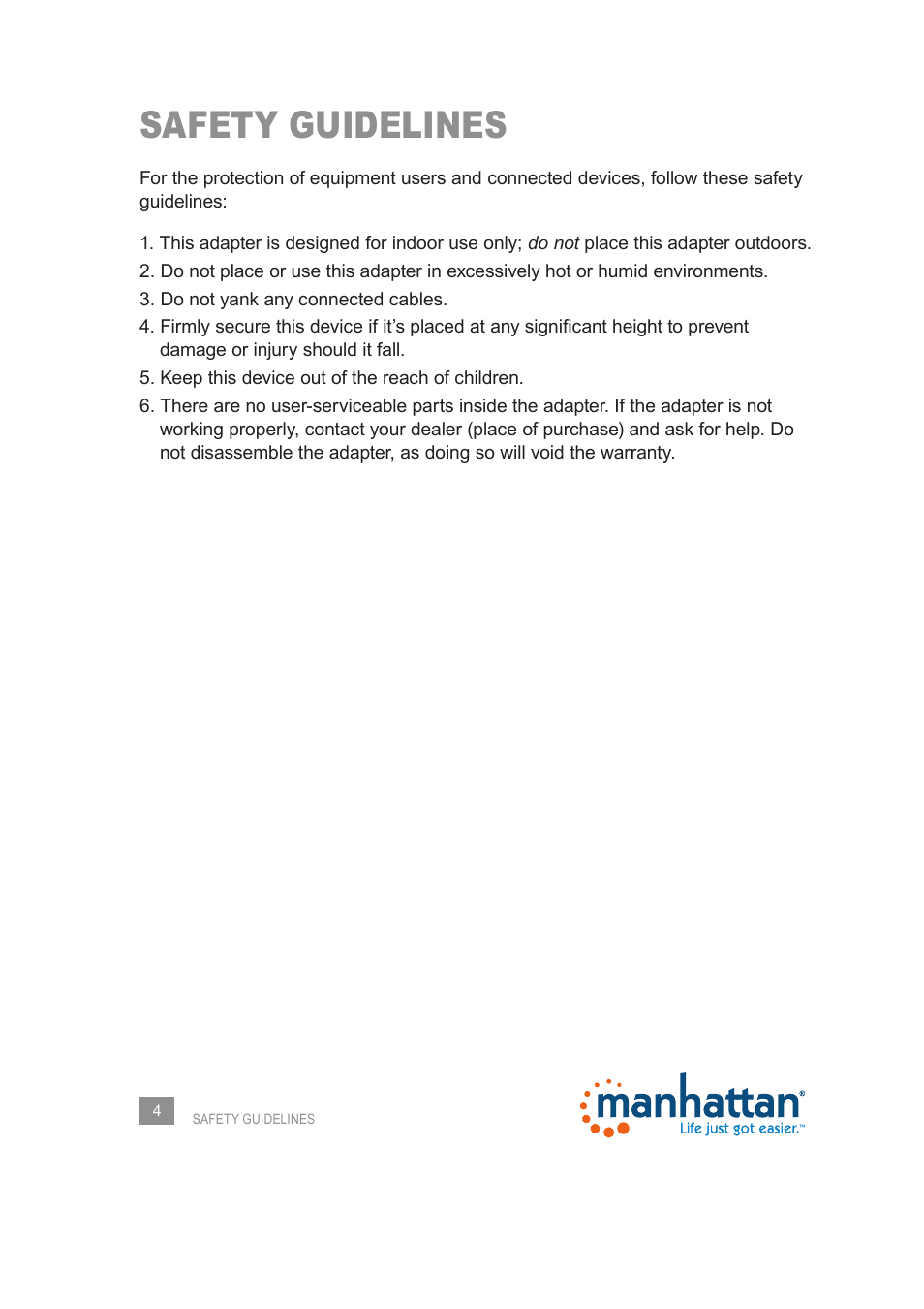 Safety guidelines | Manhattan 525510 Range+ 150N Wireless Adapter - Manual User Manual | Page 4 / 40