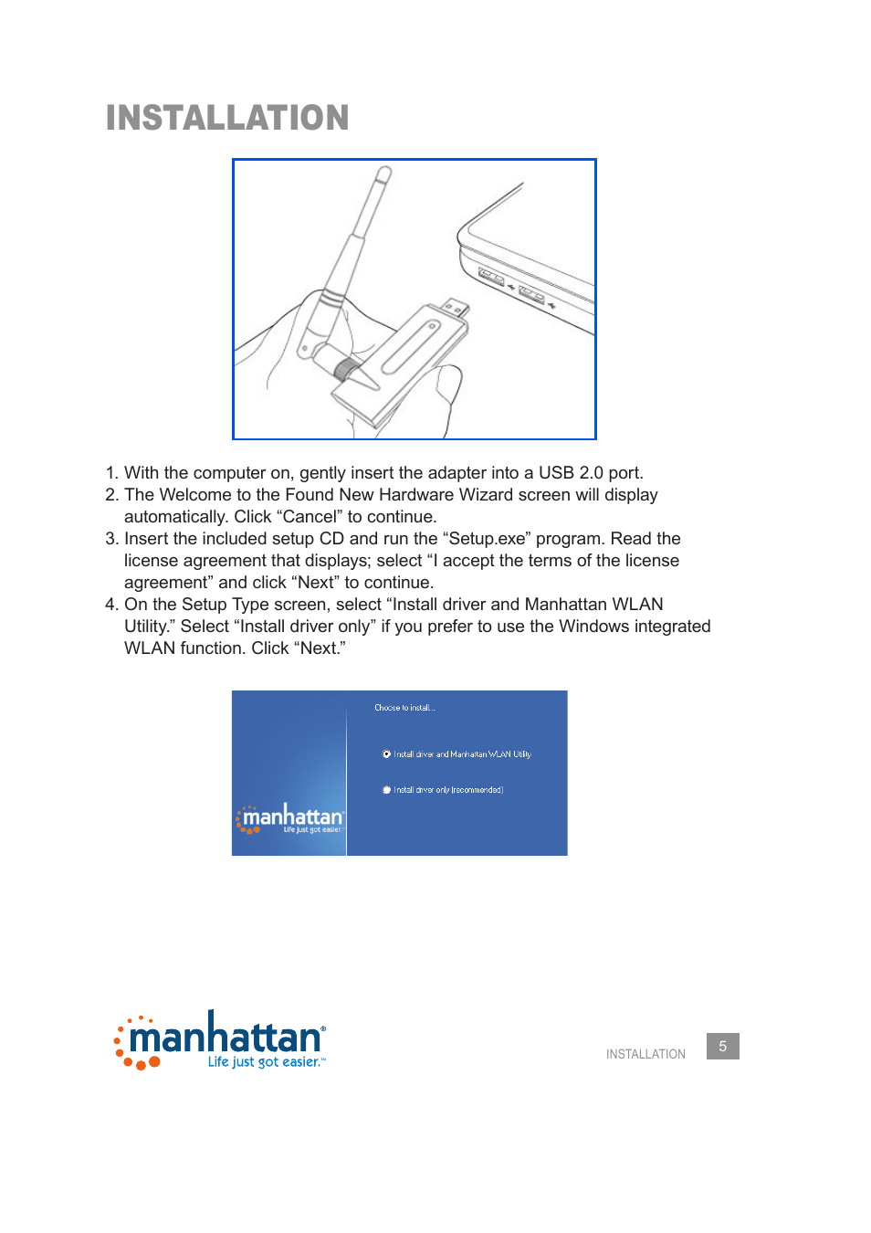 Installation | Manhattan 525510 Range+ 150N Wireless Adapter - Manual User Manual | Page 5 / 40