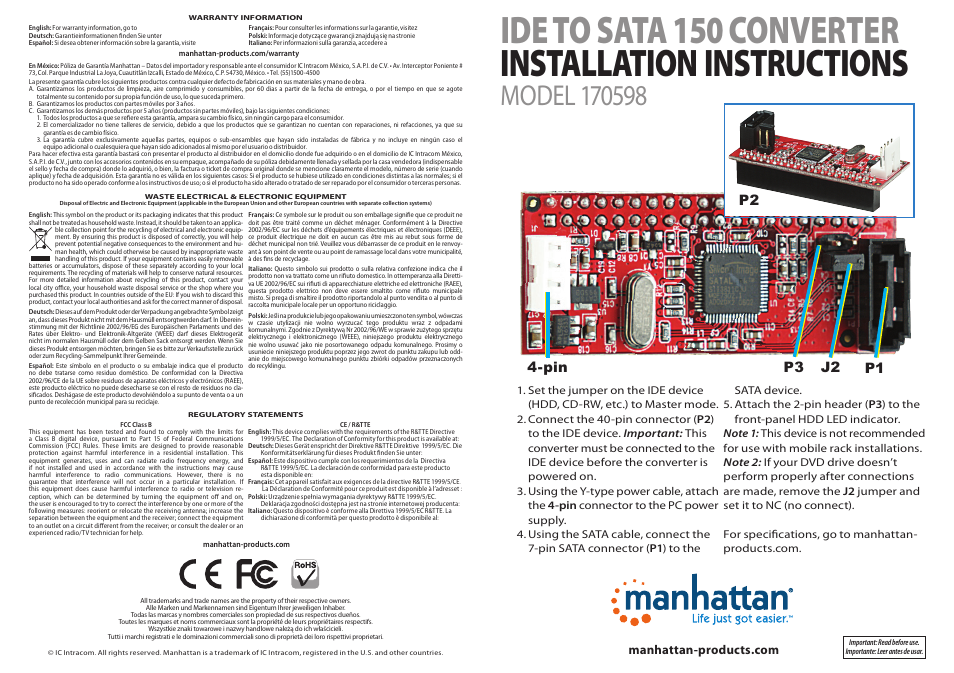 Manhattan 170598 IDE to SATA 150 Converter - Quick Install (Multi) User Manual | 2 pages