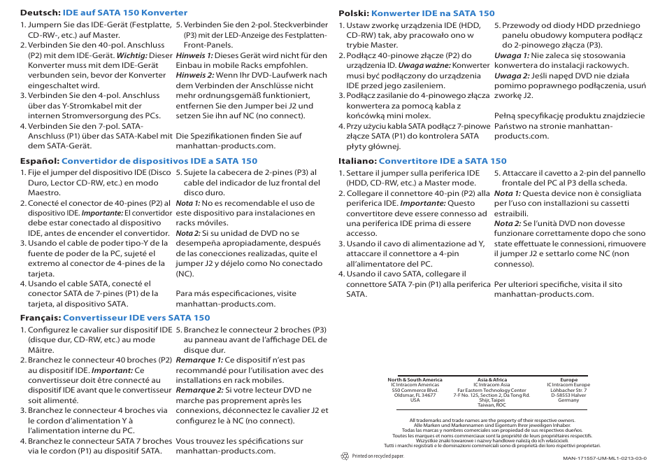 Manhattan 170598 IDE to SATA 150 Converter - Quick Install (Multi) User Manual | Page 2 / 2