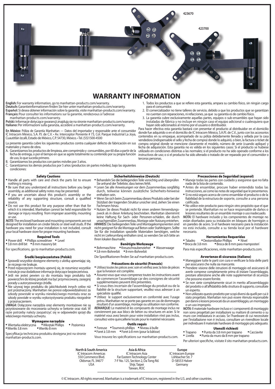 Warranty information | Manhattan 423670 Universal Flat-Panel TV Articulating Wall Mount - Quick Install (Multi) User Manual | Page 2 / 2