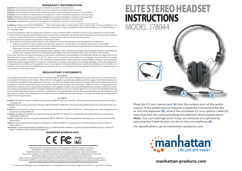 Manhattan 178044 Elite Stereo Headset - Quick Install (Multi) User Manual | 2 pages