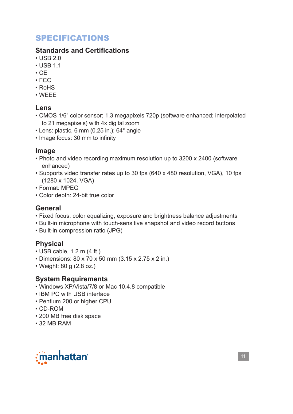 Specifications | Manhattan 460545 Widescreen HD Webcam 860 Pro - Manual User Manual | Page 11 / 12