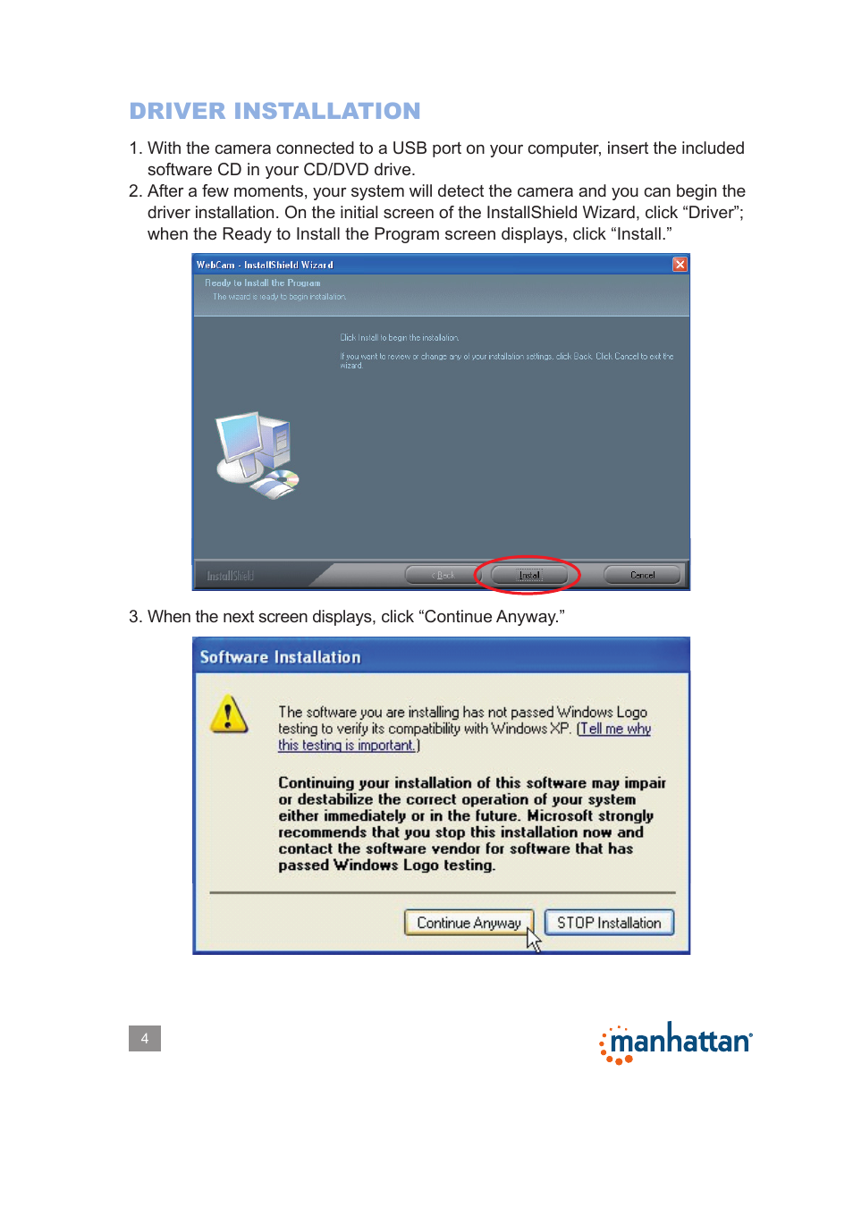 Driver installation | Manhattan 460545 Widescreen HD Webcam 860 Pro - Manual User Manual | Page 4 / 12