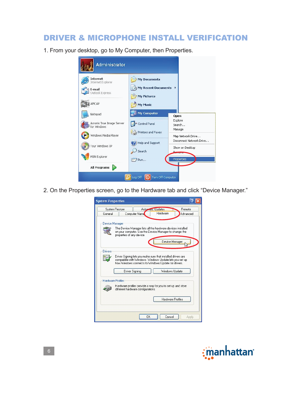 Driver & microphone install verification | Manhattan 460545 Widescreen HD Webcam 860 Pro - Manual User Manual | Page 6 / 12