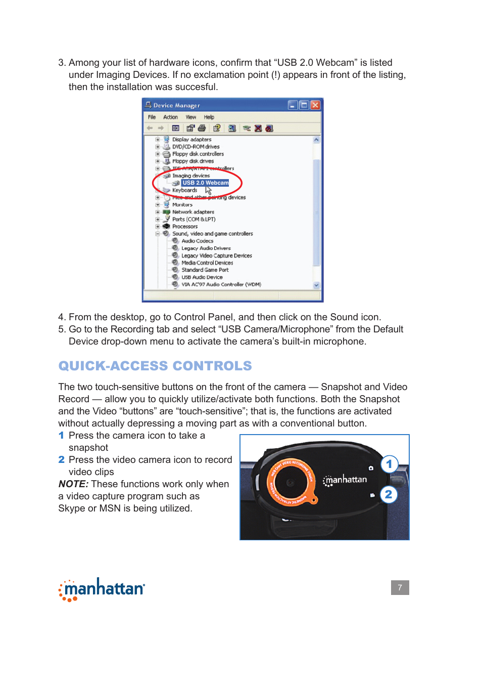 Quick-access controls | Manhattan 460545 Widescreen HD Webcam 860 Pro - Manual User Manual | Page 7 / 12