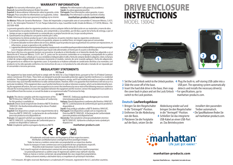 Manhattan 130042 Drive Enclosure - Quick Install (Multi) User Manual | 2 pages