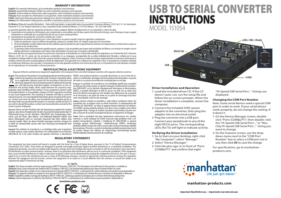 Manhattan 151054 USB to Serial Converter - Quick Install (Multi) User Manual | 2 pages