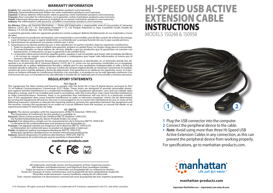 Manhattan 150248 Hi-Speed USB Active Extension Cable - Quick Install (Multi) User Manual | 2 pages